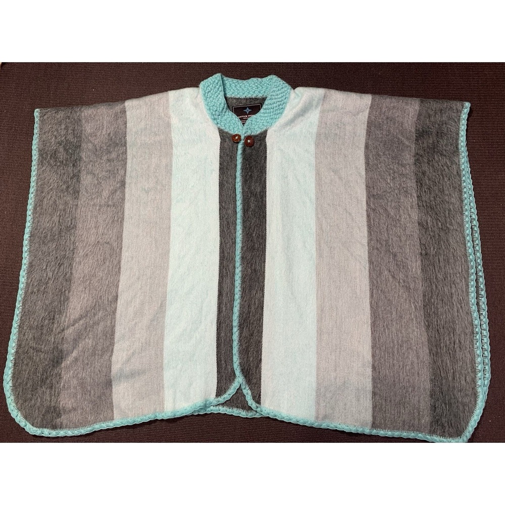 Native Kichwa Alpaca Wool Poncho Blue‎ Gray One Size Handmade